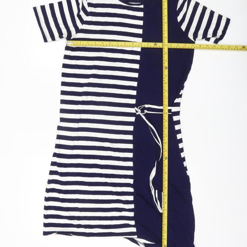 Tu Women’s Navy White Stripe T-Shirt Dress Size 14 Asymmetric Belted