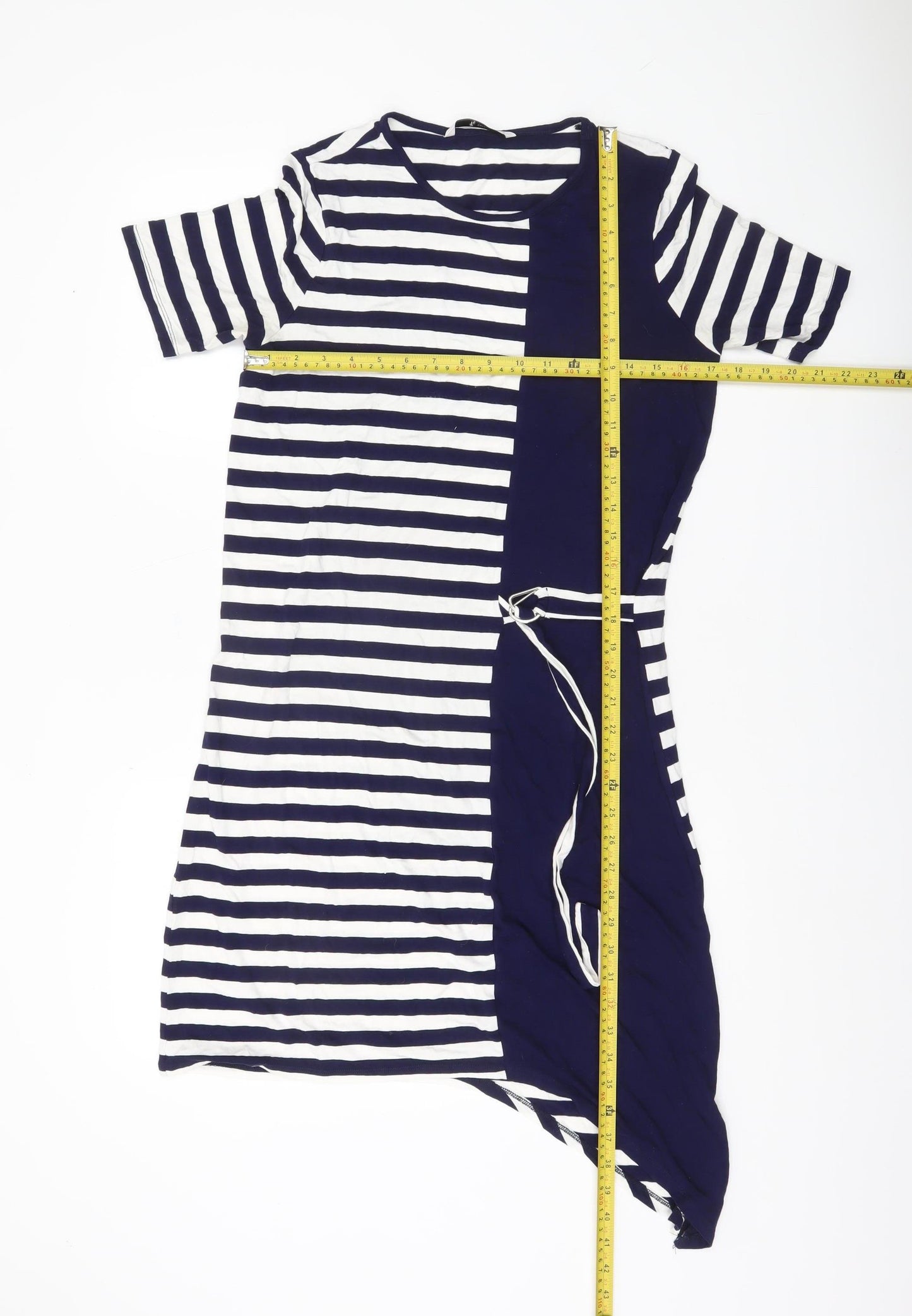 Tu Women’s Navy White Stripe T-Shirt Dress Size 14 Asymmetric Belted