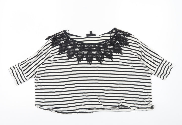 Topshop Women's Black White Striped Crochet Neck Blouse Size 8