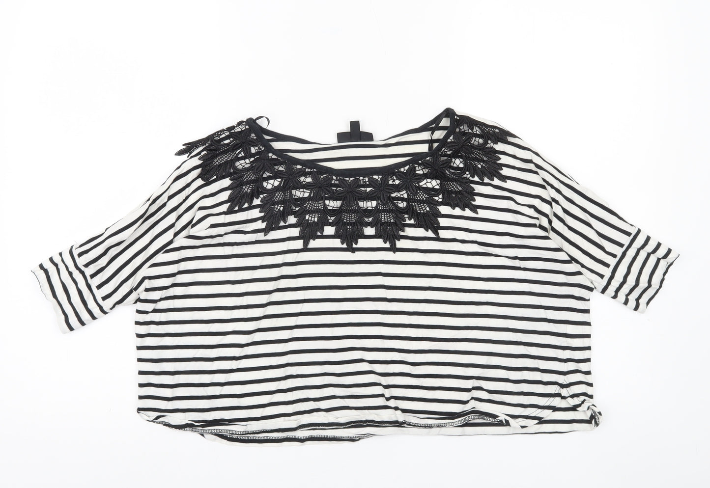 Topshop Women's Black White Striped Crochet Neck Blouse Size 8