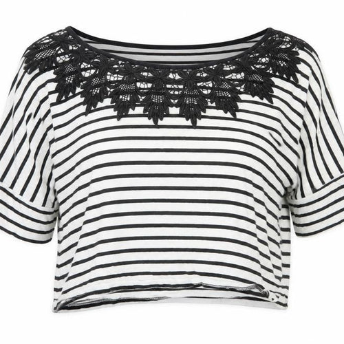 Topshop Women's Black White Striped Crochet Neck Blouse Size 8
