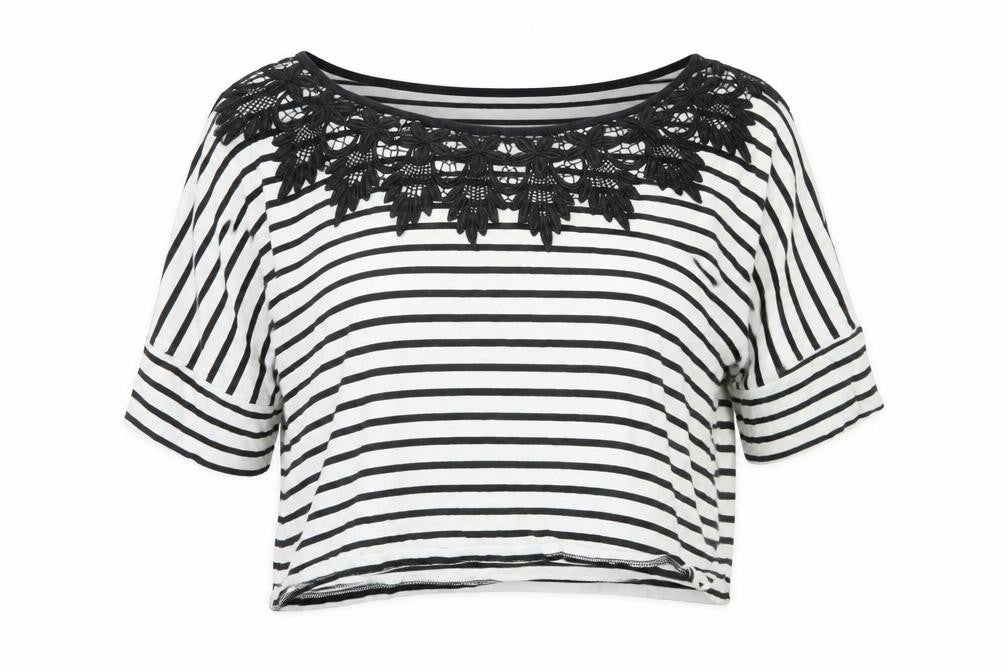 Topshop Women's Black White Striped Crochet Neck Blouse Size 8