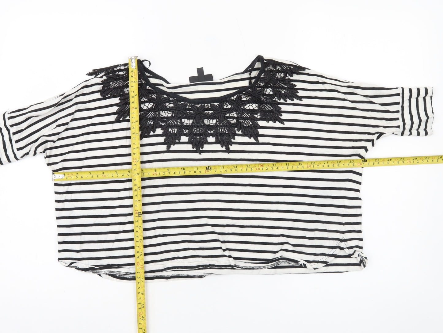 Topshop Women's Black White Striped Crochet Neck Blouse Size 8