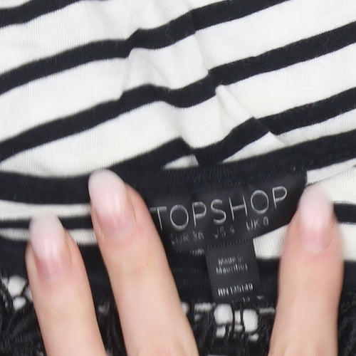 Topshop Women's Black White Striped Crochet Neck Blouse Size 8