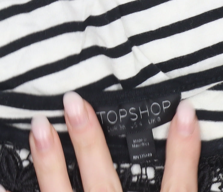 Topshop Women's Black White Striped Crochet Neck Blouse Size 8