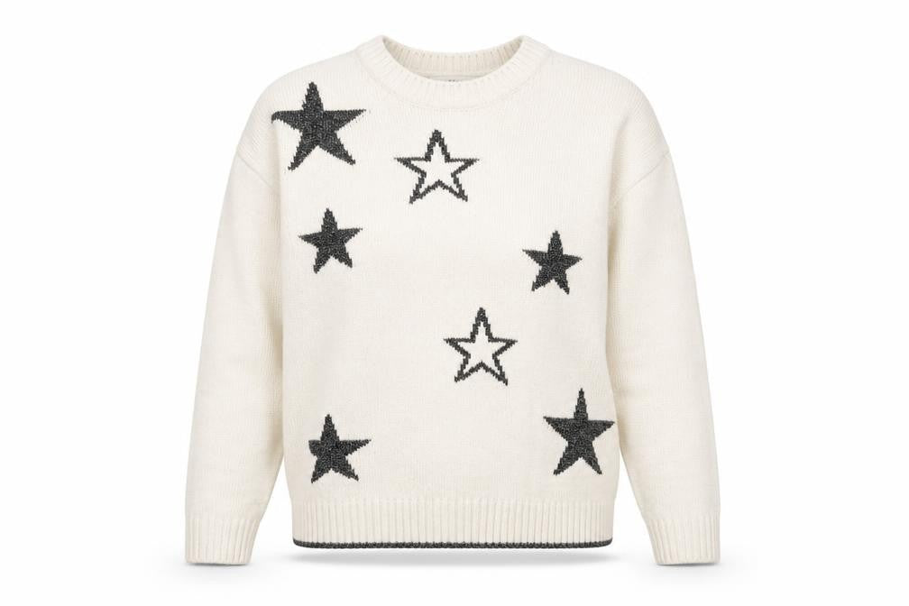 Front view of Marks & Spencer women’s ivory star jumper small wool blend
