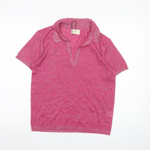 Hush Womens Pink Glitter Collared Polo Top Short Sleeve Size S