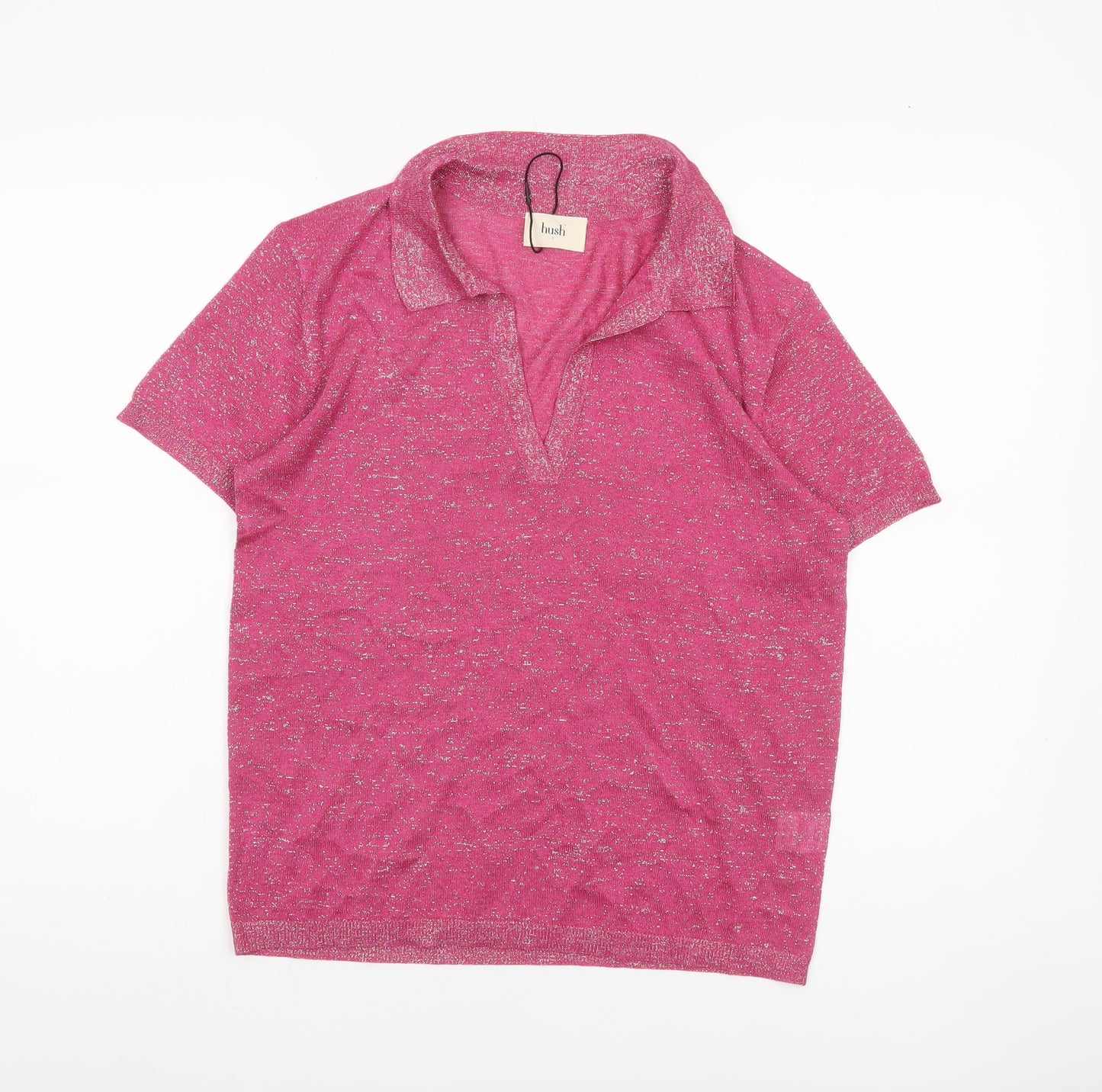 Hush Womens Pink Glitter Collared Polo Top Short Sleeve Size S
