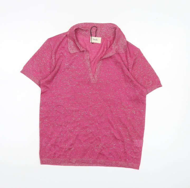 Hush Womens Pink Glitter Collared Polo Top Short Sleeve Size S