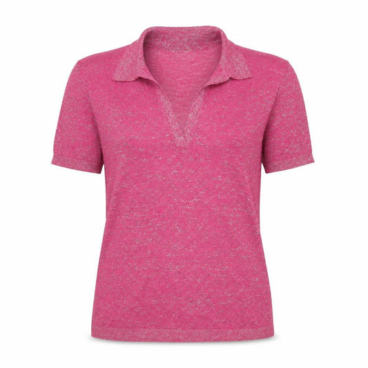Front view of Hush women’s pink glitter collared polo top short sleeve, size S