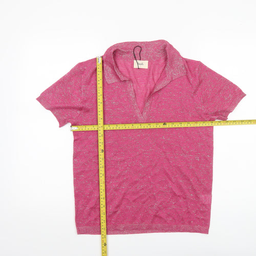 Hush Womens Pink Glitter Collared Polo Top Short Sleeve Size S
