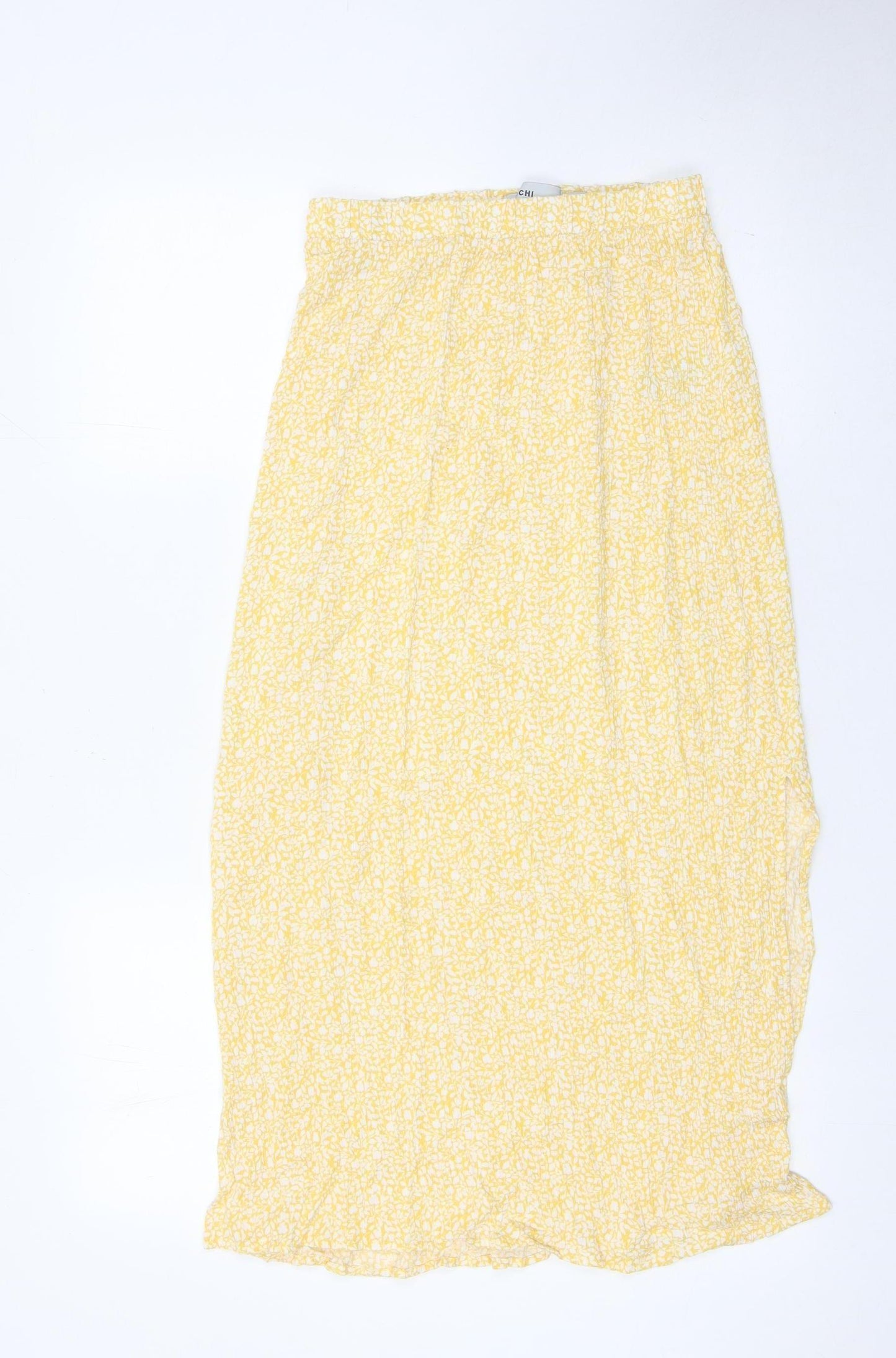 ICHI Women’s Yellow Floral Midi Skirt XS Viscose Elastic Waist