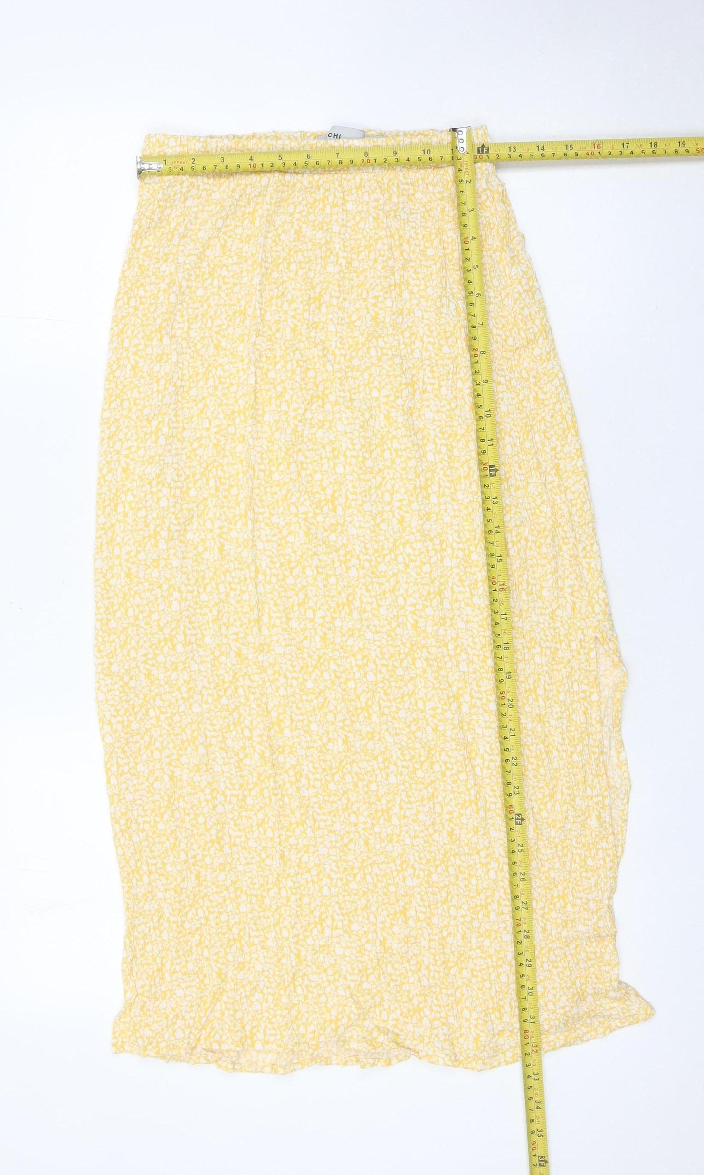 ICHI Women’s Yellow Floral Midi Skirt XS Viscose Elastic Waist