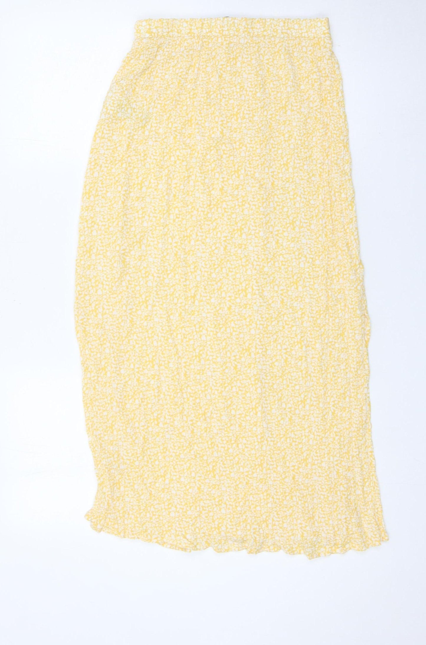 ICHI Women’s Yellow Floral Midi Skirt XS Viscose Elastic Waist
