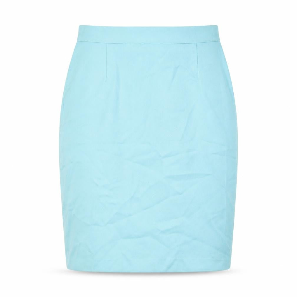 Front view of Affinity women’s blue, size UK 10, pencil work skirt knee length