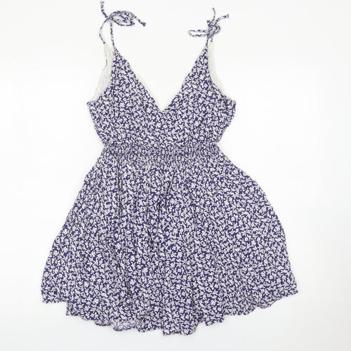 Jack Wills Womens Blue Floral Skater Dress Size 6 Summer V-Neck