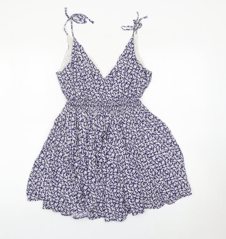 Jack Wills Womens Blue Floral Skater Dress Size 6 Summer V-Neck