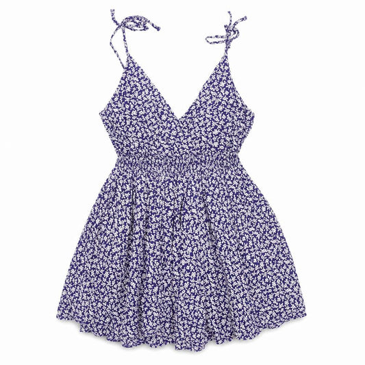 Front view of Jack Wills women’s blue floral skater dress, size UK 6, summer v-neck