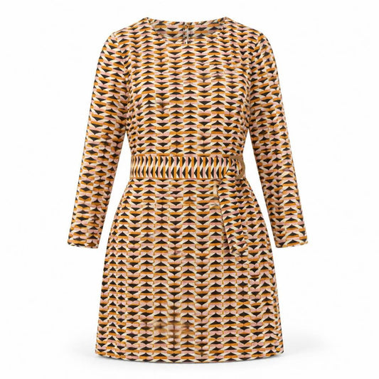Front view of Primark Women’s Multicoloured Geometric A-Line Belted Dress, size UK 12