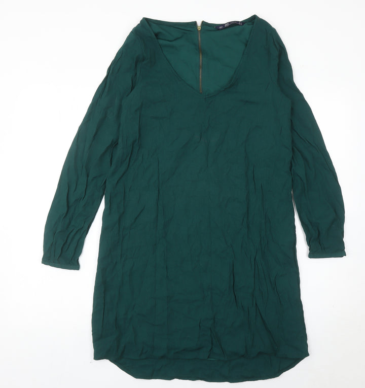 Zara Women Green Size 12 Shift Knee Length V-Neck Dress