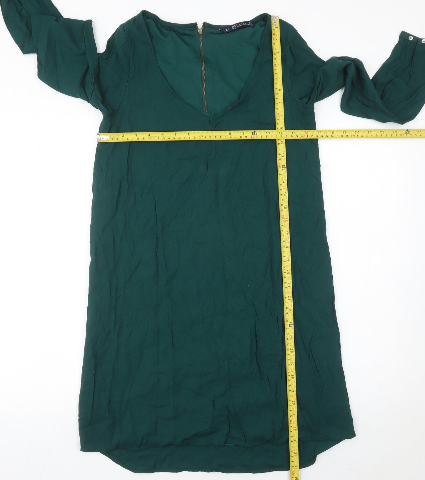 Zara Women Green Size 12 Shift Knee Length V-Neck Dress
