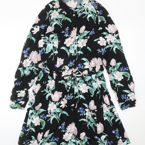 Oasis Womens Black Floral Shirt Dress Size 12 Long Sleeve Casual