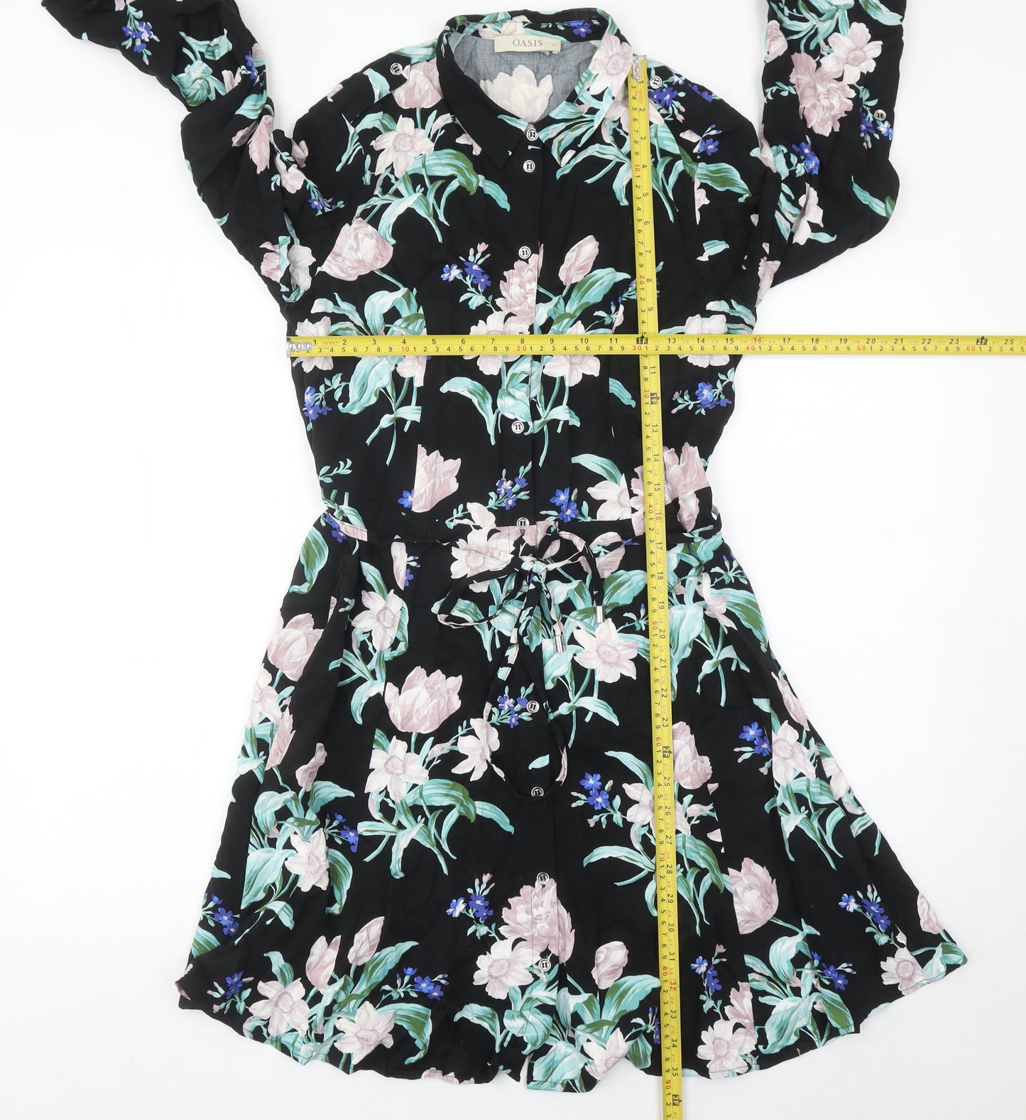 Oasis Womens Black Floral Shirt Dress Size 12 Long Sleeve Casual