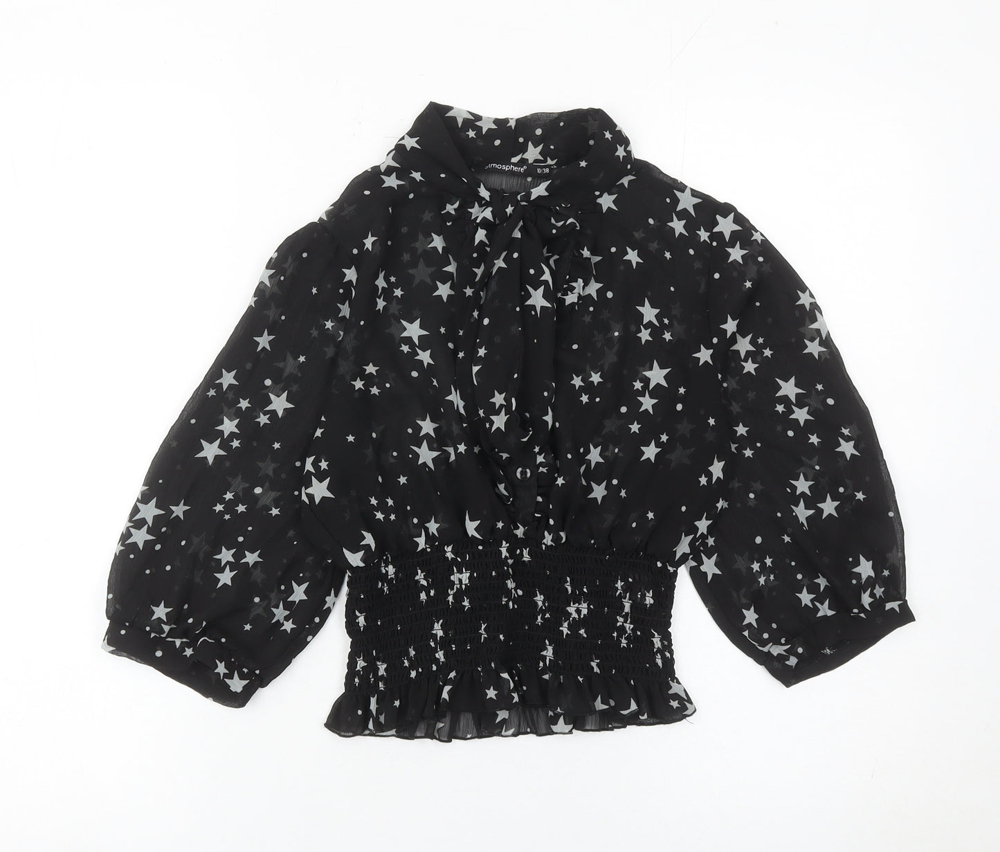 Atmosphere Womens Black Star Print Blouse Size 10 Balloon Sleeve Tunic