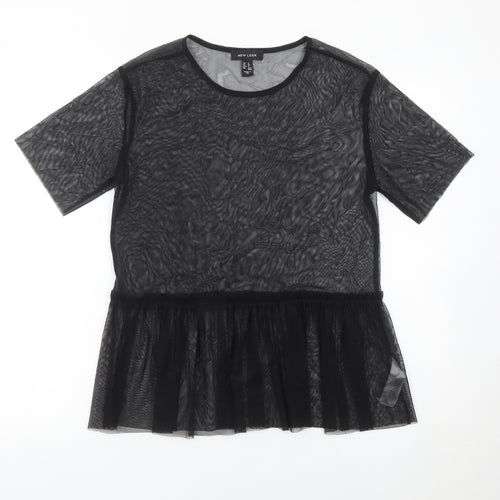 New Look Womens Black Size 8 Mesh Ruffle Hem Tunic Blouse