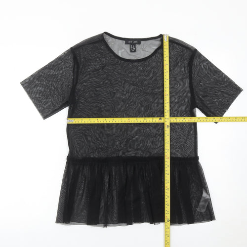 New Look Womens Black Size 8 Mesh Ruffle Hem Tunic Blouse