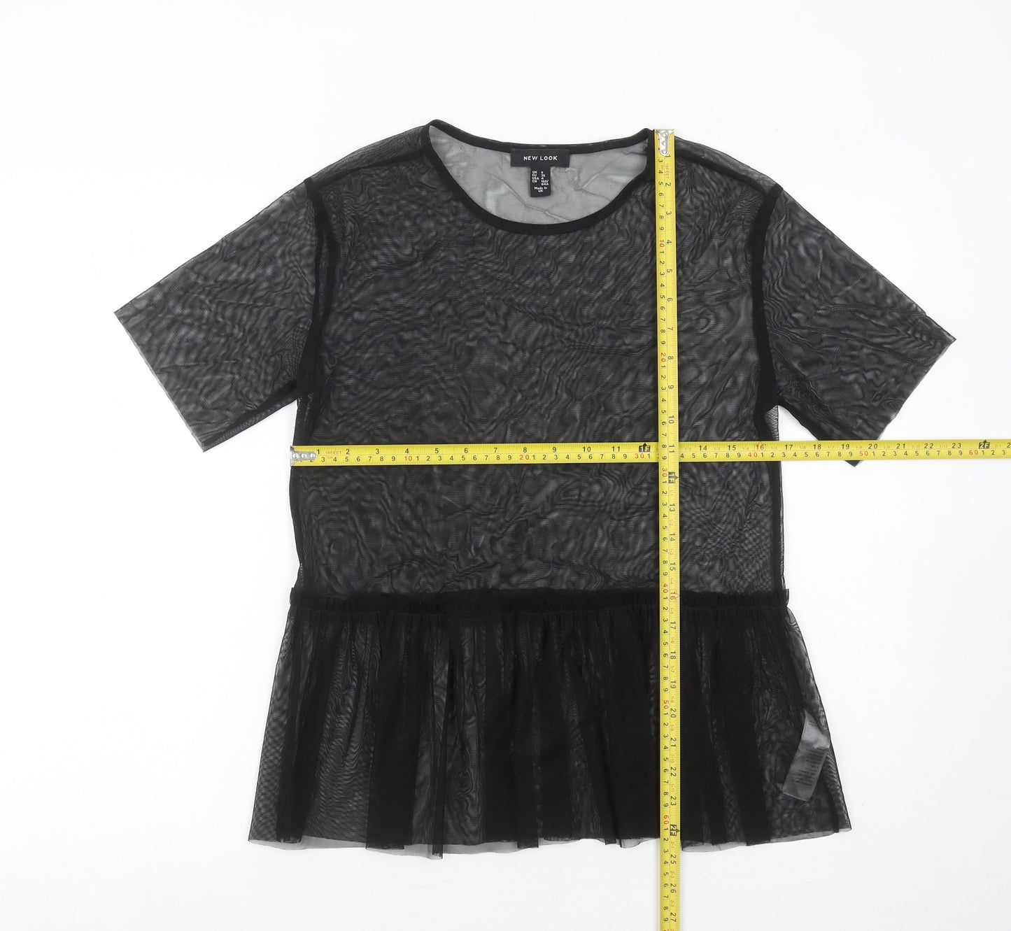 New Look Womens Black Size 8 Mesh Ruffle Hem Tunic Blouse