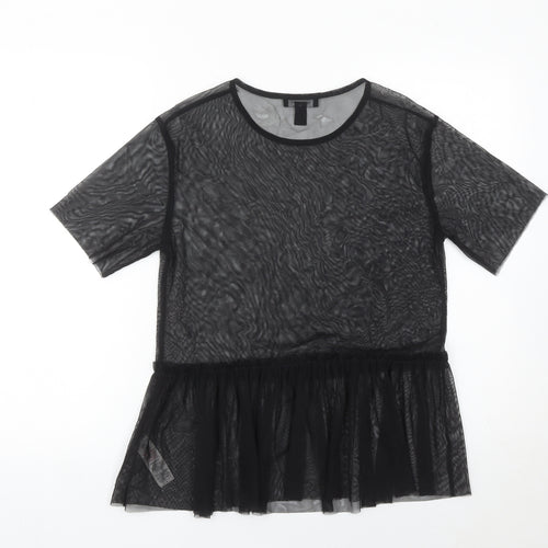 New Look Womens Black Size 8 Mesh Ruffle Hem Tunic Blouse