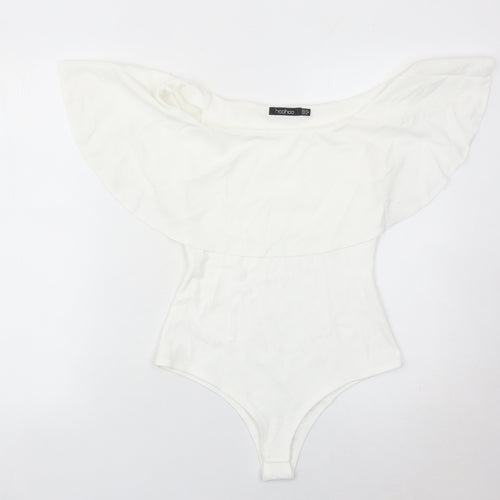 Boohoo Womens White Off Shoulder Ruffle Bodysuit Size 8
