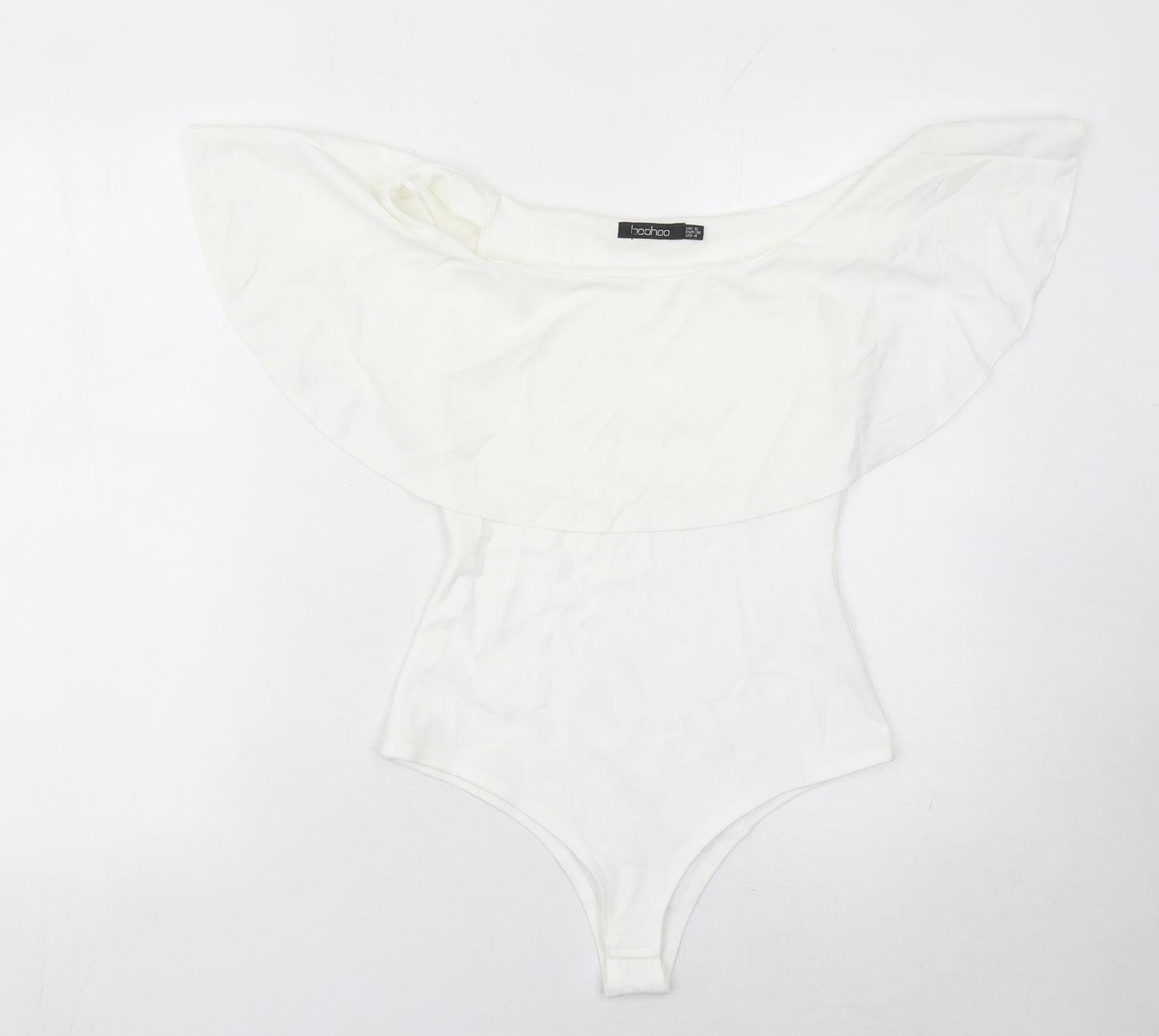 Boohoo Womens White Off Shoulder Ruffle Bodysuit Size 8