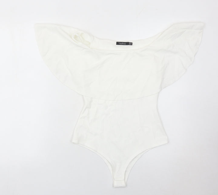 Boohoo Womens White Off Shoulder Ruffle Bodysuit Size 8