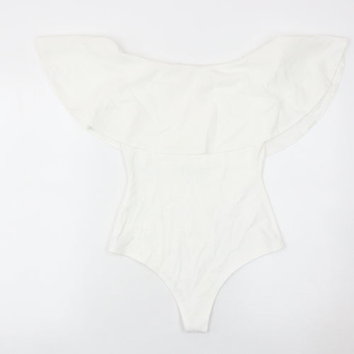 Boohoo Womens White Off Shoulder Ruffle Bodysuit Size 8