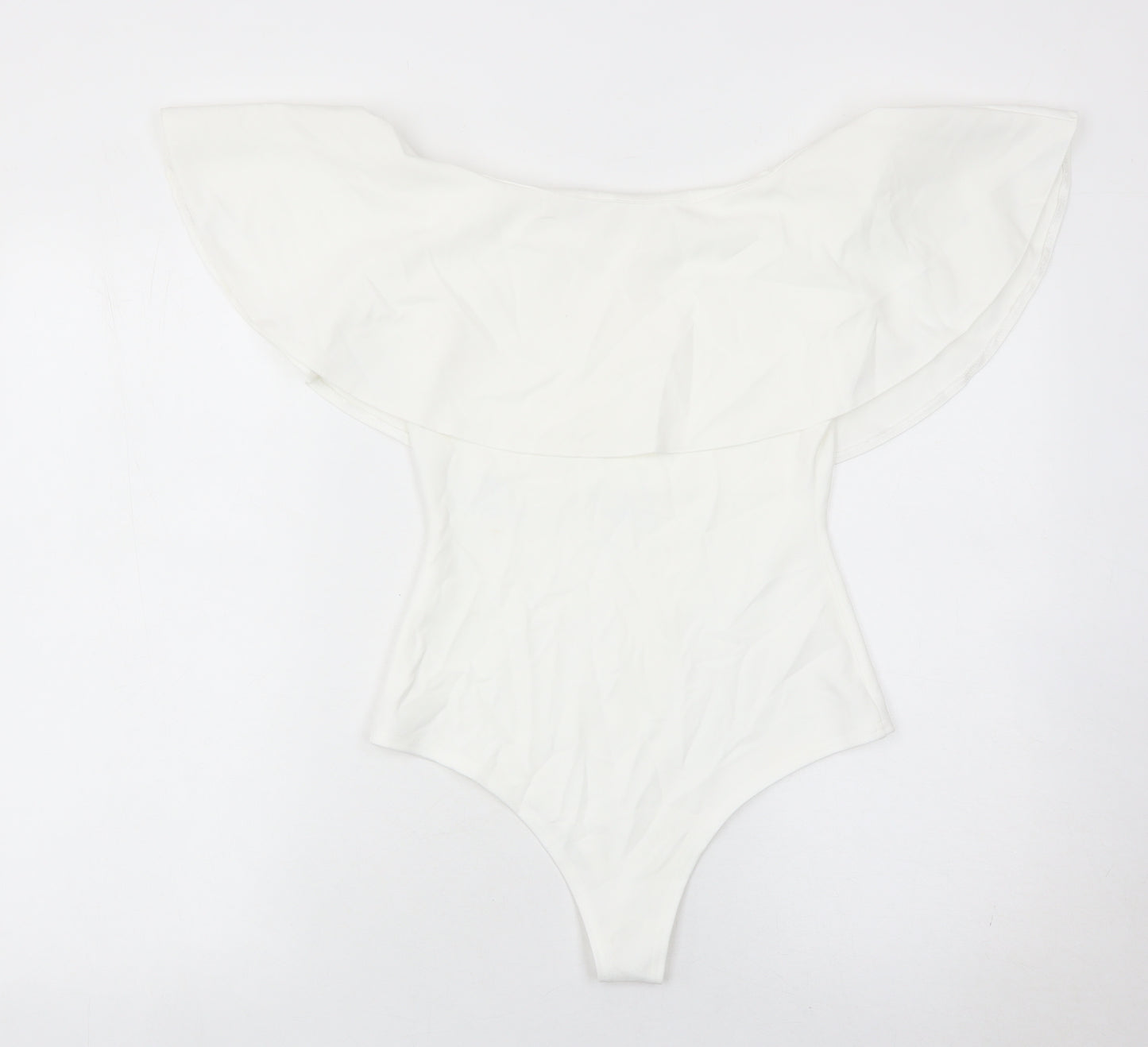 Boohoo Womens White Off Shoulder Ruffle Bodysuit Size 8
