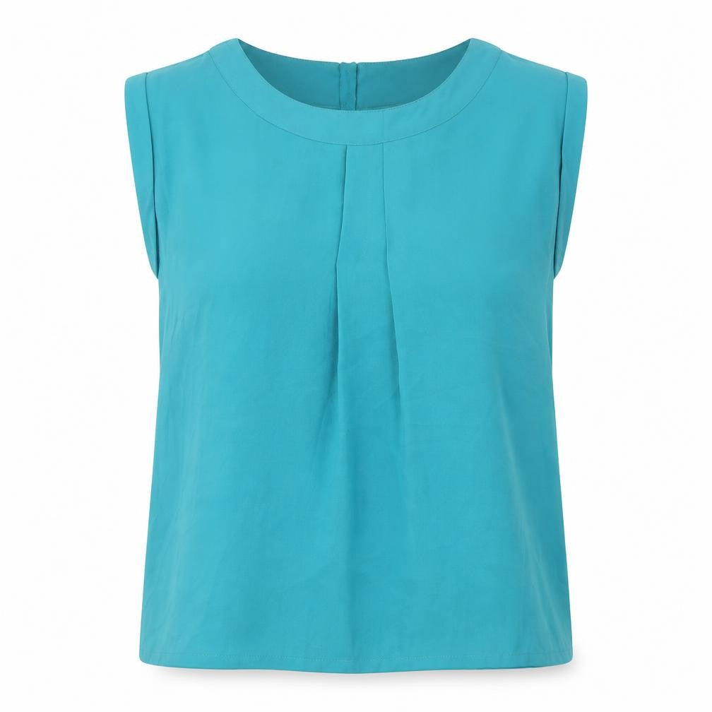 Front view of Louche women’s blue sleeveless blouse top, size S, polyester casual