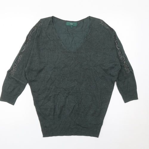 Next Womens Green Jumper Size 12 V-Neck Pullover Studded Knit