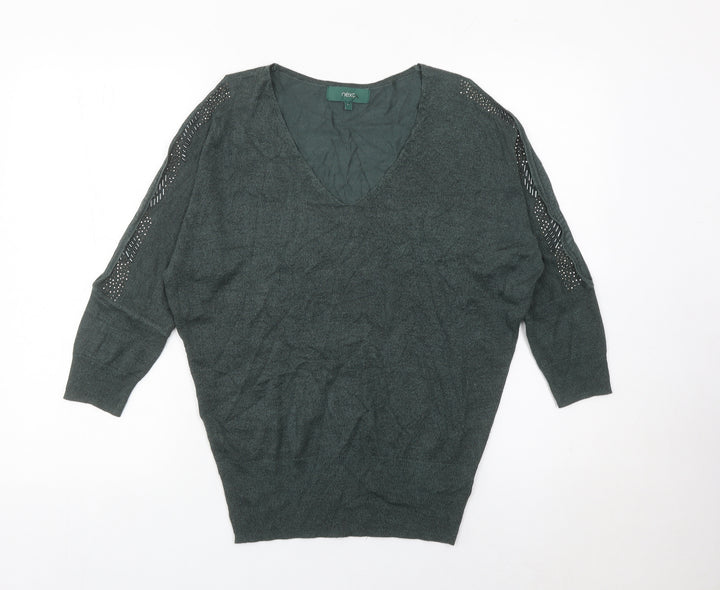 Next Womens Green Jumper Size 12 V-Neck Pullover Studded Knit