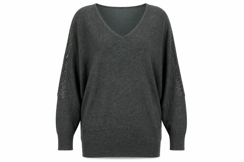 Front view of Next women’s green jumper, size UK 12, v-neck pullover studded knit