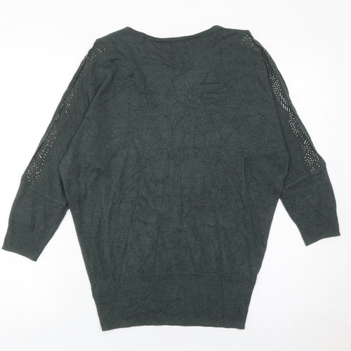 Next Womens Green Jumper Size 12 V-Neck Pullover Studded Knit