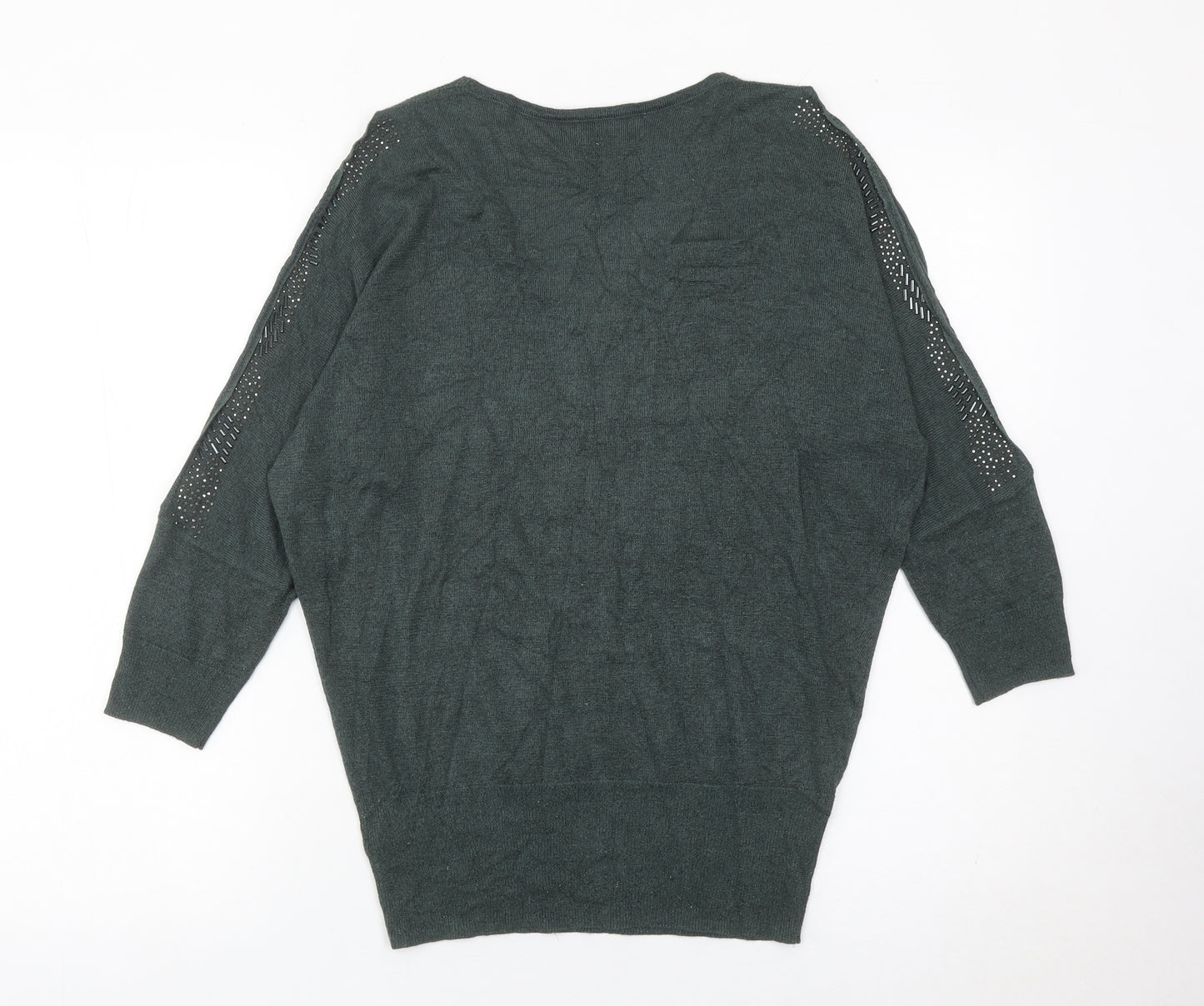 Next Womens Green Jumper Size 12 V-Neck Pullover Studded Knit