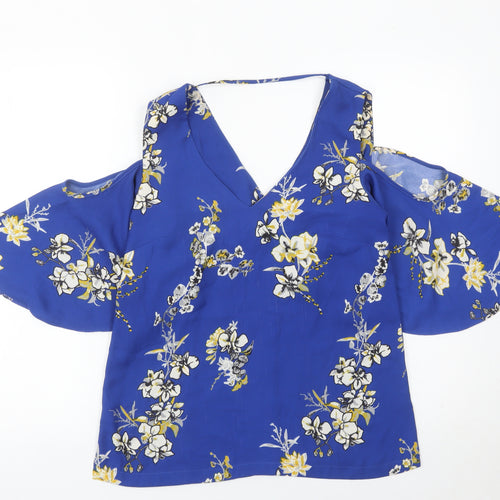 River Island Women’s Blue Floral Cold Shoulder Blouse Size 8
