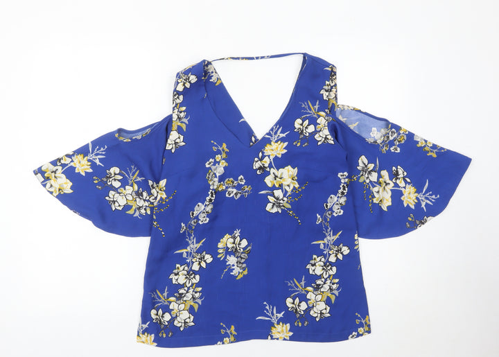 River Island Women’s Blue Floral Cold Shoulder Blouse Size 8