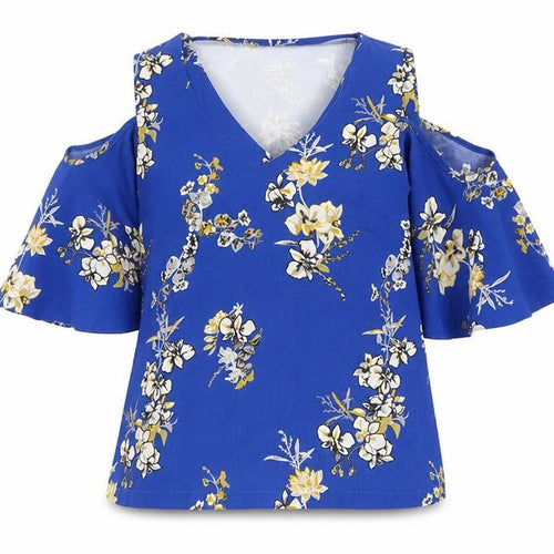 River Island Women’s Blue Floral Cold Shoulder Blouse Size 8