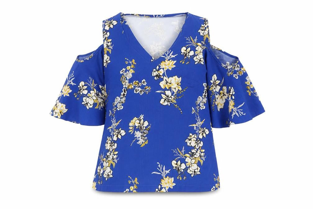 River Island Women’s Blue Floral Cold Shoulder Blouse Size 8