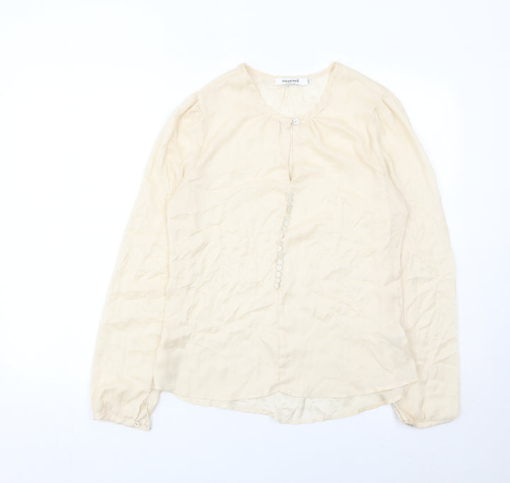 Sweewe Women Beige Long Sleeve Blouse Size S Polyester Button Top