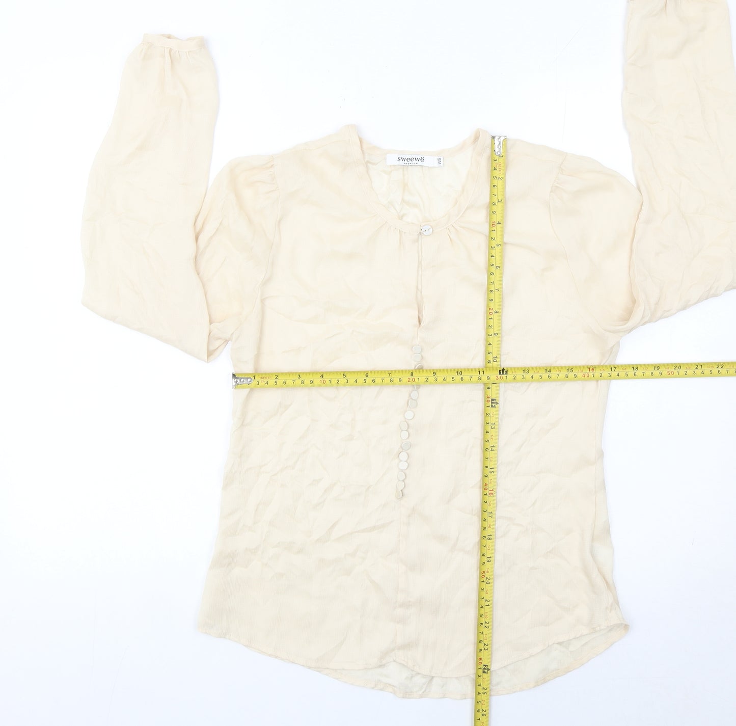 Sweewe Women Beige Long Sleeve Blouse Size S Polyester Button Top