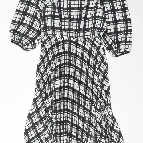 F&F Women’s Black Plaid Midi Dress Size 12 Puff Sleeve A-Line